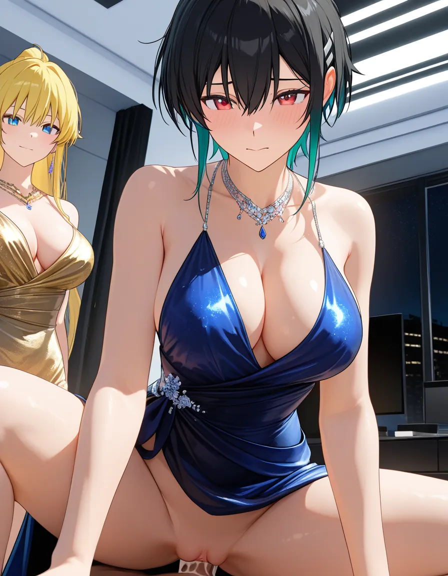 masterpiece, fine detail, multiple girls, evening gown, creampie, over the shoulder, vivid anime colors, score_9, score_8, 3d render, octane render, subsurface scattering, ray tracing, smooth shading