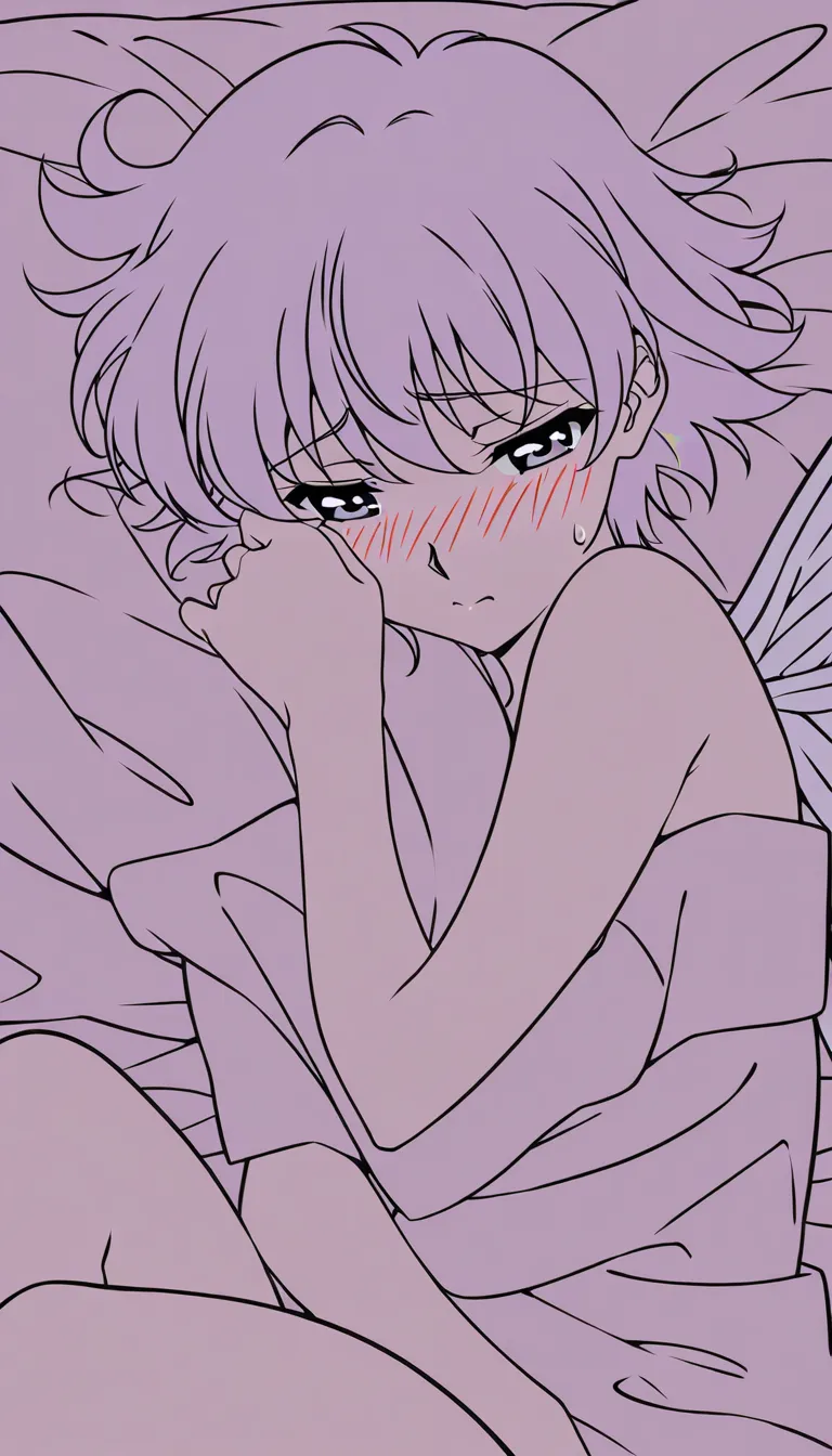 ultra detailed, crisp, solo focus, two-tone hair, wings, spooning, nervous blush, POV, soft anime shading
