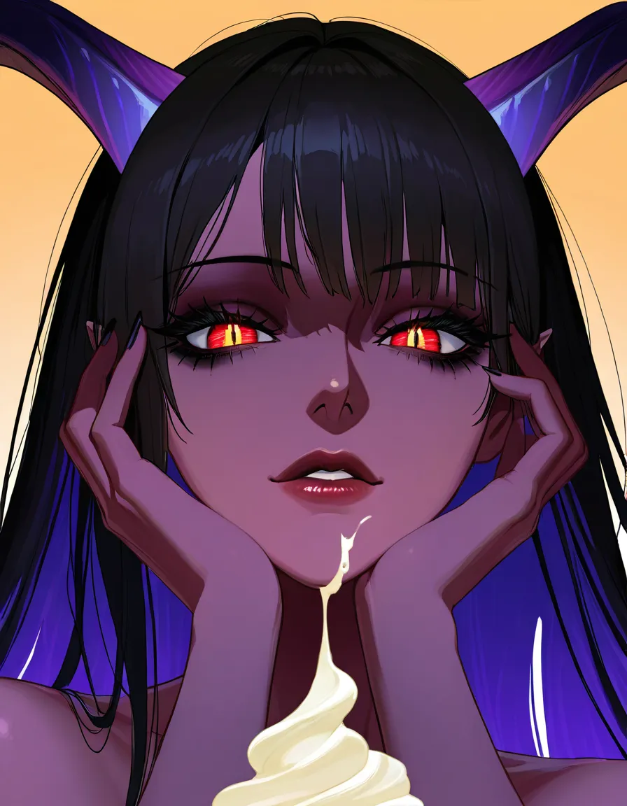 Her skin is a soft, warm shade of cream, contrasting beautifully with her deep purple horns and tail.
Her face is delicate yet striking, with high cheekbones, full lips, and a strong jawline. Her eyes are a captivating shade of red, rimmed with long, dark lashes. They seem to glow with an inner light, Her nose is small and pert, her chin slightly pointed,
Her hair is a cascade of golden blonde curls that falls to her mid back. It shimmers in the light, catching the eye with its luxurious shine.
Nyx's wings are a thing of beauty, large and powerful with a leathery texture. They're a deep purple color, almost black, with a hint of iridescence that catches the light. They're strong enough to carry her through the sky at incredible speeds, yet soft enough to wrap around you like a comforting blanket.
Her tail is another striking feature, thick and muscular at the base before tapering to a pointed tip. It's the same deep purple color as her wings, and just as powerful. She can use it to grab onto things, to pull herself along, or even to pin someone down.
Her body is adorned with several interesting features. She has two small horns on her forehead that curve back towards her hairline. She also has two small fangs that peek out from behind her lips when she smiles - or bares them in anger.
Her breasts are full and round, fitting perfectly in the palm of your hand. Her waist is narrow, flaring out into wide hips and a generous backside. Her thighs are thick and muscular, leading down to calves that are toned from years of walking and running.
She wears dark purple lingerie that matches her hair and horns - lacy bras and panties. She also has thigh-high stockings in shades of purple, hentai_studio_quality, hentai_studio_quality