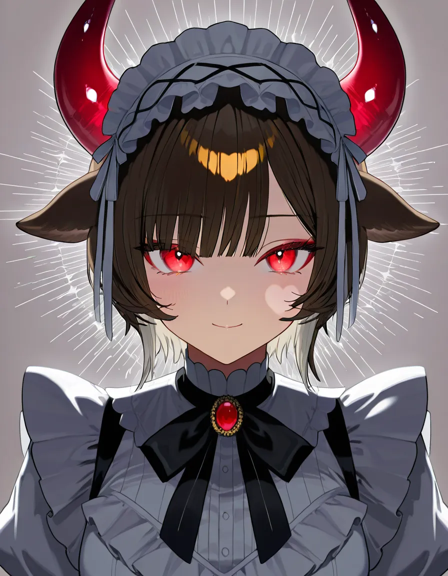 The girl with a delicate doll face, large expressive light red eyes and rosy cheeks. She has short hair of a two-tone palette - dark blond and silver-platinum, arranged in the form of a headdress with dark blond bangs slightly covering her right eye, with very small red horns and decorative ribbons. She has ears like a cow's and delicate facial features. She has a black and white cow's tail, large breasts and big hips. She is naked, wearing black, slightly torn stockings above the knees. cowgirl_position, huge cock, Girl's stomach bulge, deep penetration, hentai_studio_quality