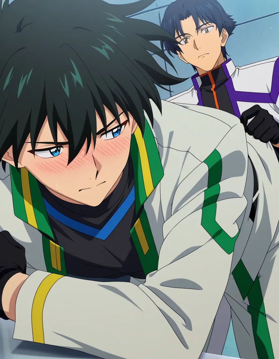 best quality, polished, 2boys, black gloves, bent over, submissive blush, vivid anime colors, (anime style:1.3), 2d, anime screencap, cel shading, flat color