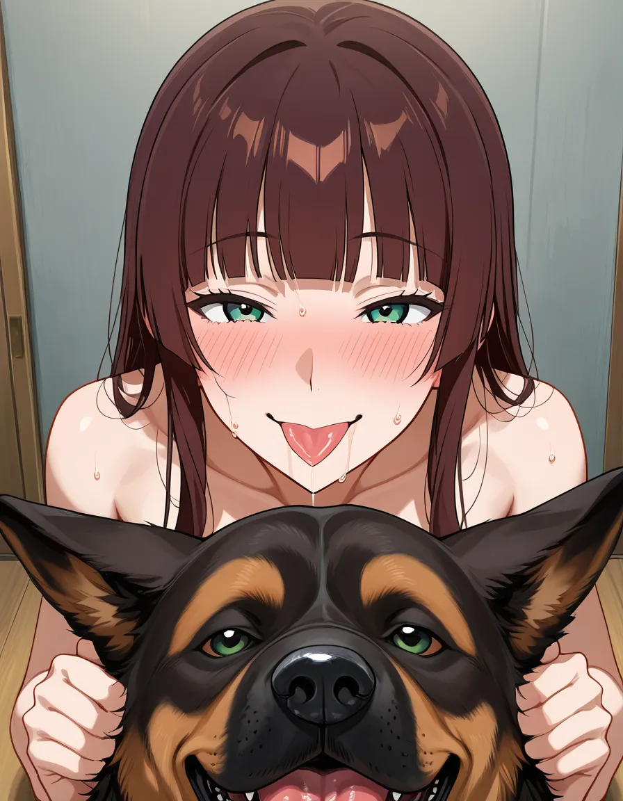 Green eyes, long dark brown hair, blunt bangs, in her 40s, blushing, drooling, sweating, tongue out, smiling, looking longingly at her dog, visibly moments after having sex, semen leaking out of her vagina, hentai_studio_quality