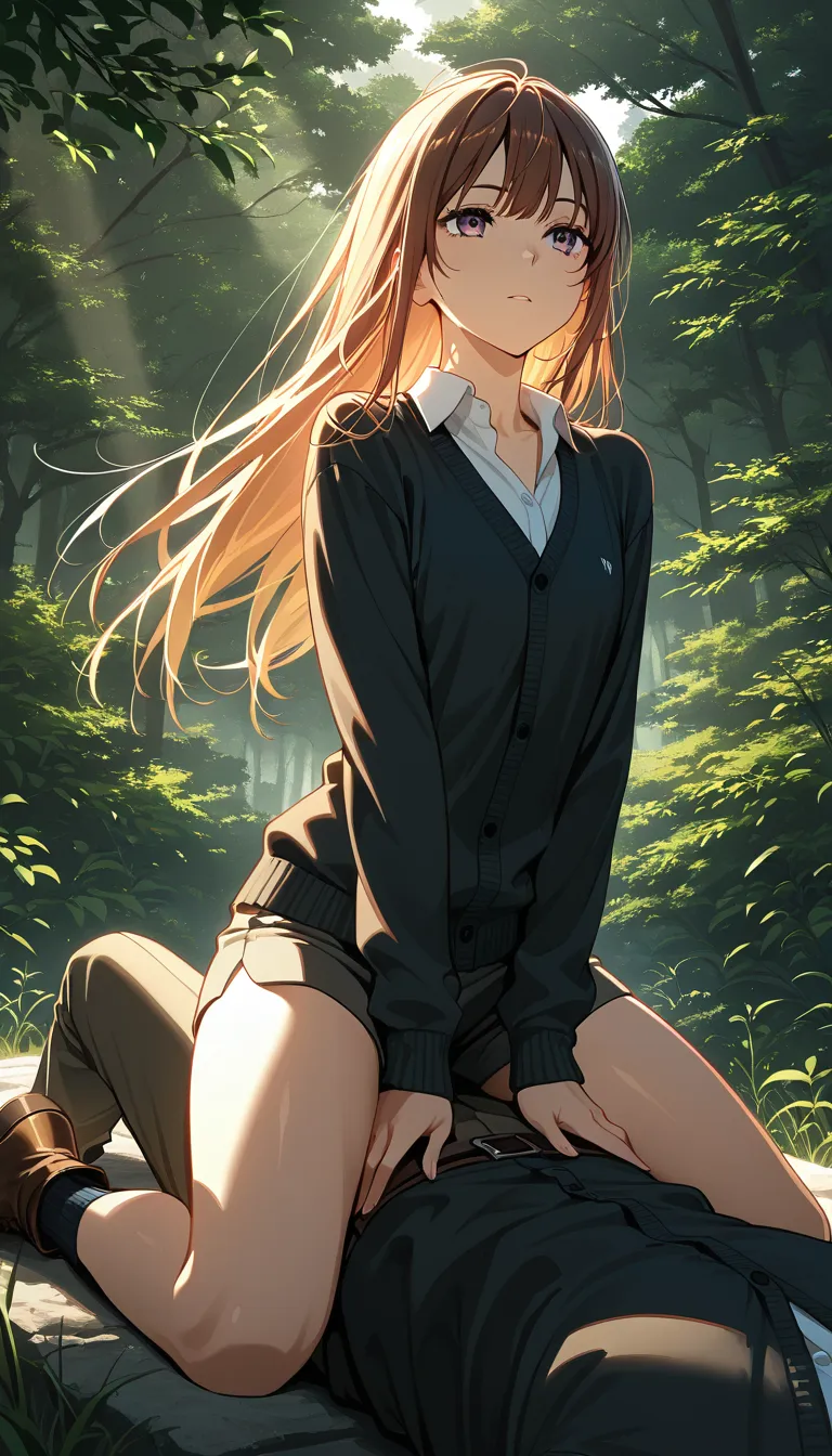 highly detailed, natural lighting, 1boy, brown footwear, collared shirt, straddling, outdoors, volumetric light, cinematic realism, otoko_no_ko