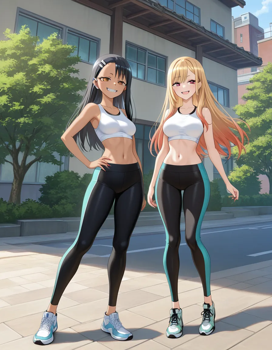 /masterpiece /ultra_detailed /best_quality /highres /sharp_focus @nagatoro_hayase @kitagawa_marin #2girls #leggings #crop_top #outdoors, hentai_studio_quality
