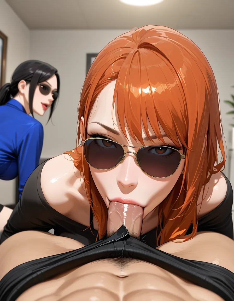 RAW photo, ultra realistic, POV, multiple girls, blowjob, sunglasses, depth of field, playful expression, hentai_studio_quality