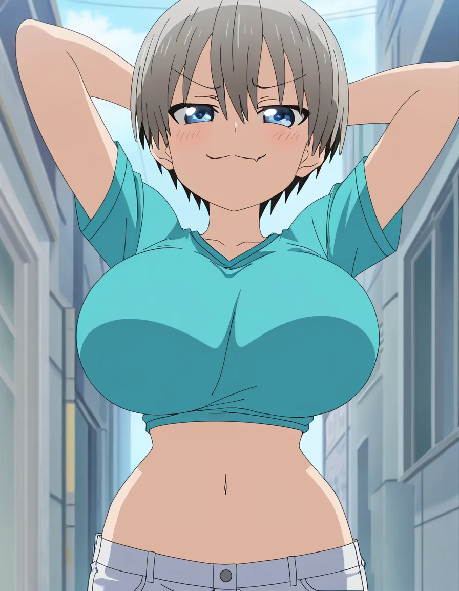 absurdres, highres, uzaki-chan wants to hang out, hana_uzaki, huge_breasts, petite, public_indecency, arms_behind_head, smug, facing_viewer, narrow_waist, smug, (anime style:1.3), 2d, anime screencap, cel shading, flat color