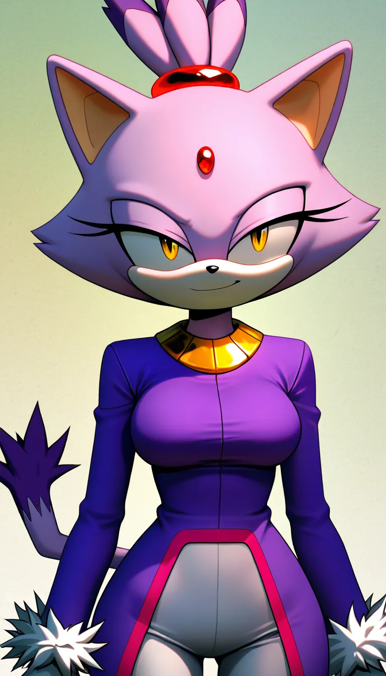 Blaze the Cat, mature adult female, purple fur, red jewel, gold collar. (Style: Saturated digital painting, 2D art with painted volume, rich vibrant colors, anime illustration, soft painted shadows, painted highlights (not reflective), flat cell-shading blended with airbrush, high saturation, hand-drawn look). Confident smirk, half-lidded eyes, pulling leggings down, seductive pose, warm background, Masterpiece, fine art, stylized., hentai_studio_quality