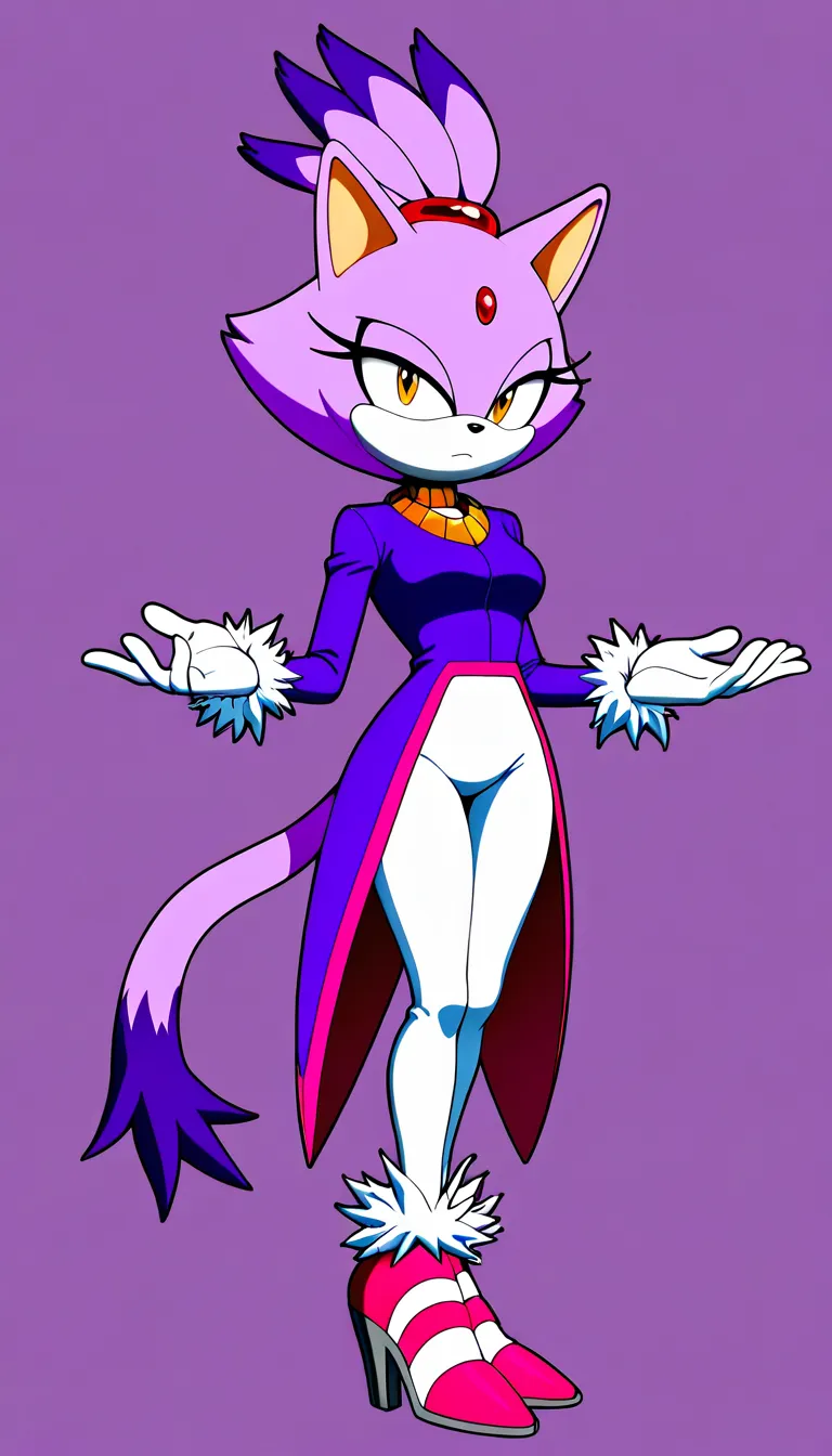 Blaze the Cat, mature adult female, purple fur, red jewel,a royal purple tailcoat with rose-pink trim, a gold neck collar, white leggings, white gloves with fluffy white cuffs, and rose-pink high-heeled shoes with matching fluffy cuffs gold collar. (Style: Saturated digital painting, 2D art with painted volume, rich vibrant colors, anime illustration, soft painted shadows, painted highlights (not reflective), flat cell-shading blended with airbrush, high saturation, hand-drawn look). Confident smirk, half-lidded eyes, pulling leggings down, seductive pose,pussy, nipples,  warm background, Masterpiece, fine art, stylized, matte finish, no reflections, vivid colors, high contrast, saturated palette, hentai_studio_quality, hentai_studio_quality, hentai_studio_quality, hentai_studio_quality, hentai_studio_quality, hentai_studio_quality