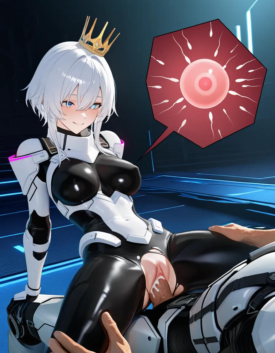 @nephis_(shadow_slave), white_hair, white_armor, black_bodysuit, crown, torn_clothes, cheating, smile, impregnation, creampie, score_9, score_8, 3d render, octane render, subsurface scattering, ray tracing, smooth shading