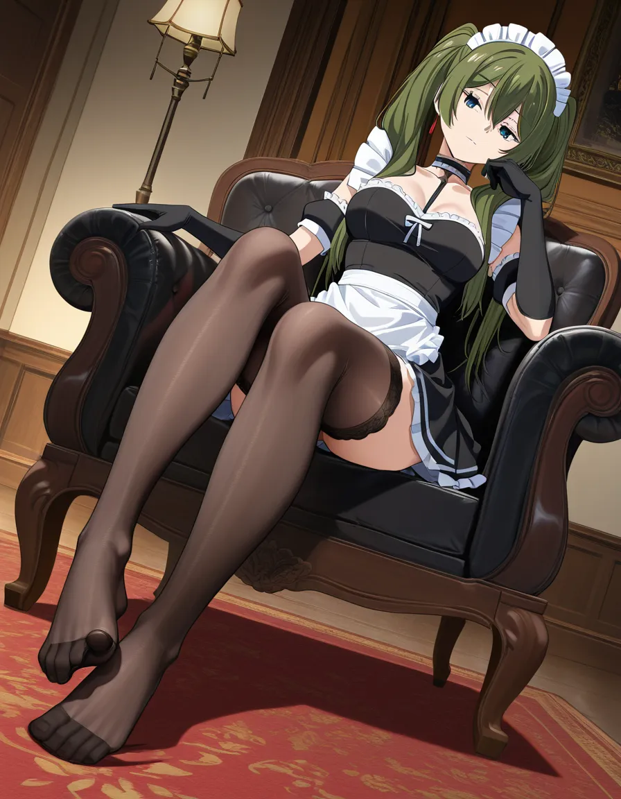 @ubel_(sousou_no_frieren) #maid #sitting #feet #black_gloves #dress #solo #feet #choker #thighhighs The feet are visible #miniskirt maid showing her feet to viewer, hentai_studio_quality