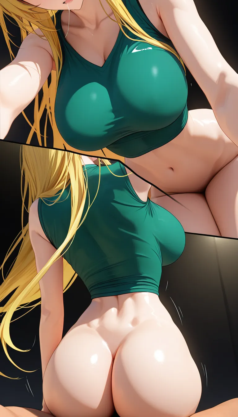 A beautiful Asian, long blonde hair, big green eyes, large_breasts, tiny waist, wide_hips, big ass, cowgirl_position, fellatio, score_9, score_8, 3d render, octane render, subsurface scattering, ray tracing, smooth shading