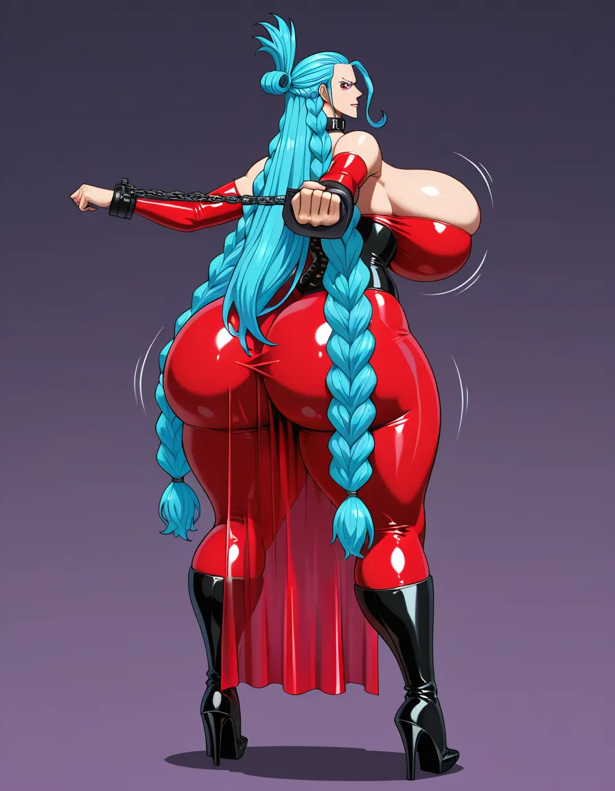 exaggerrated_proportions,Franky from One Piece, mature_female, enormous bouncing breasts, half_updo, collar, bondage, blue_hair, absurdly_long_hair, twin_braids, full_body, huge_ass, thick_thighs, high_heel_boots, hentai_studio_quality, fabric translucent, corset, latex, tattoo, nipple_piercing, blush, hentai_studio_quality