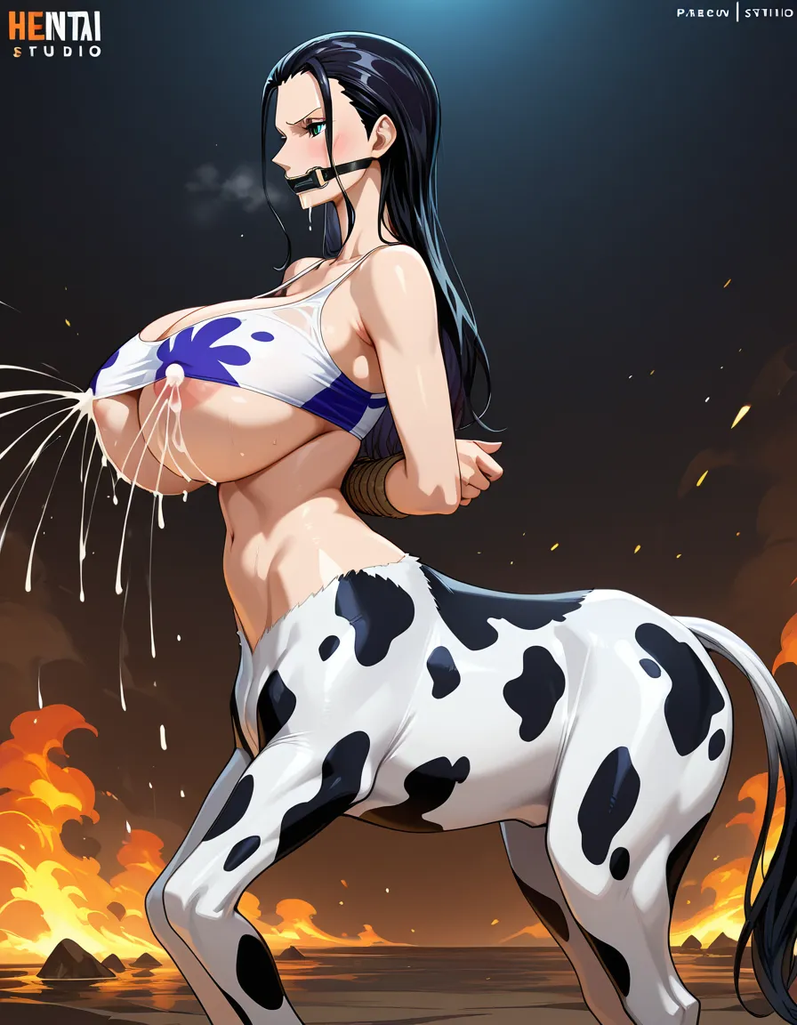 extremely_exaggerrated_proportions, Nico Robin from One piece, Cowtaur, lactation, gagged, sideview, underboob, gigantic Tits, hentai_studio_quality