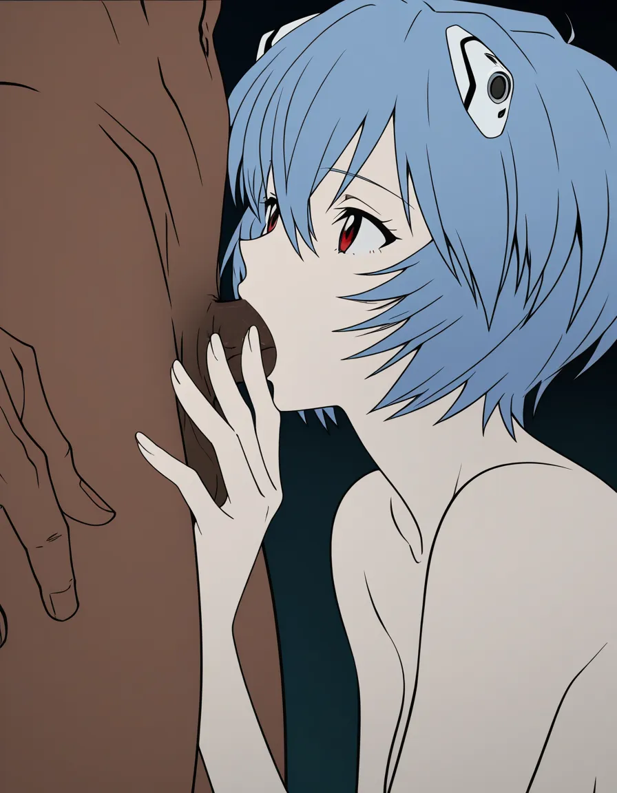 @ayanami_rei, white_skin, completely_nude, interracial, 2boys, oral, (anime style:1.3), 2d, anime screencap, cel shading, flat color, @00osamio00