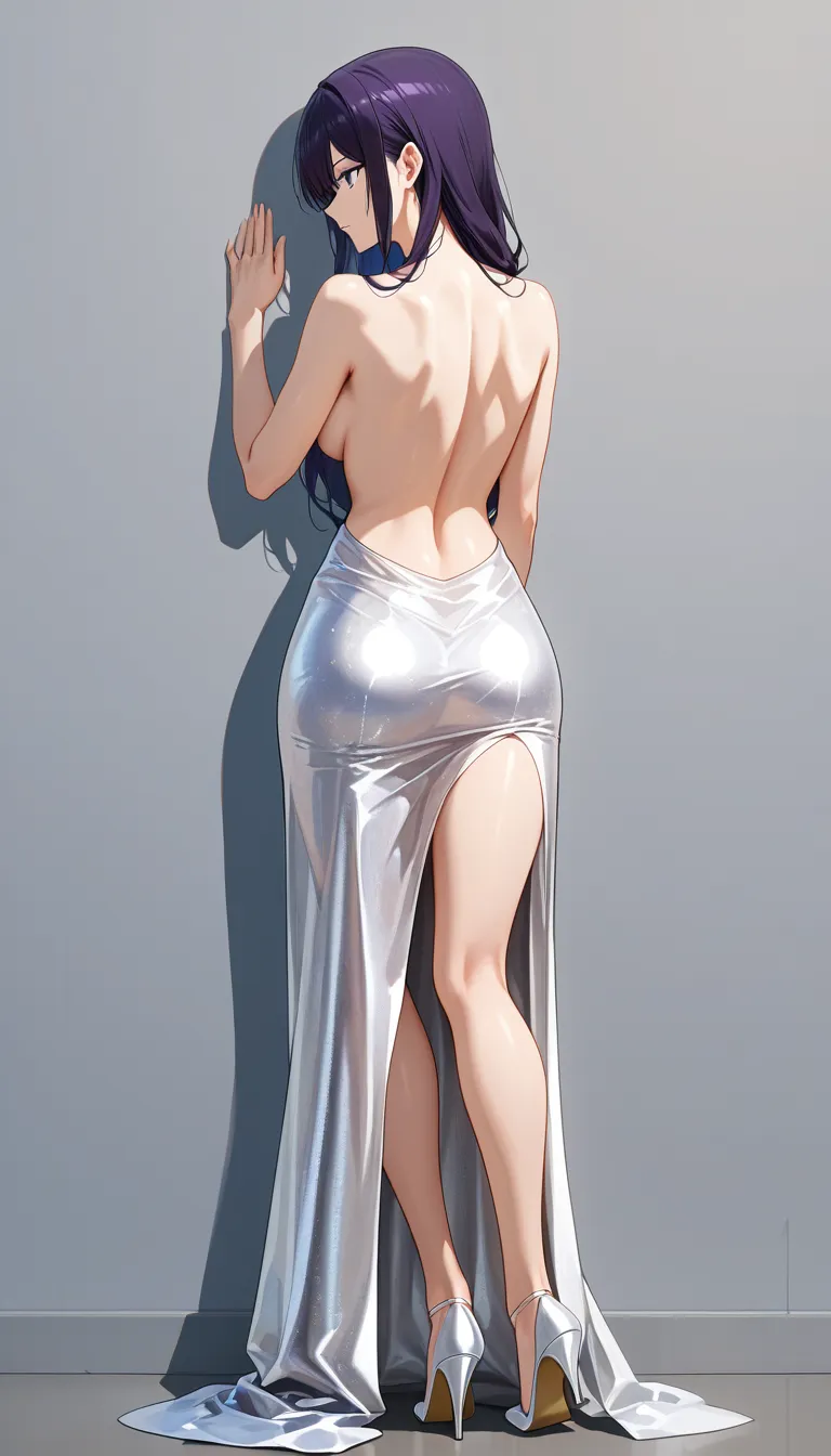 highres, vivid, 1girl, white footwear, evening gown, topless, soft cel shading, hentai_studio_quality