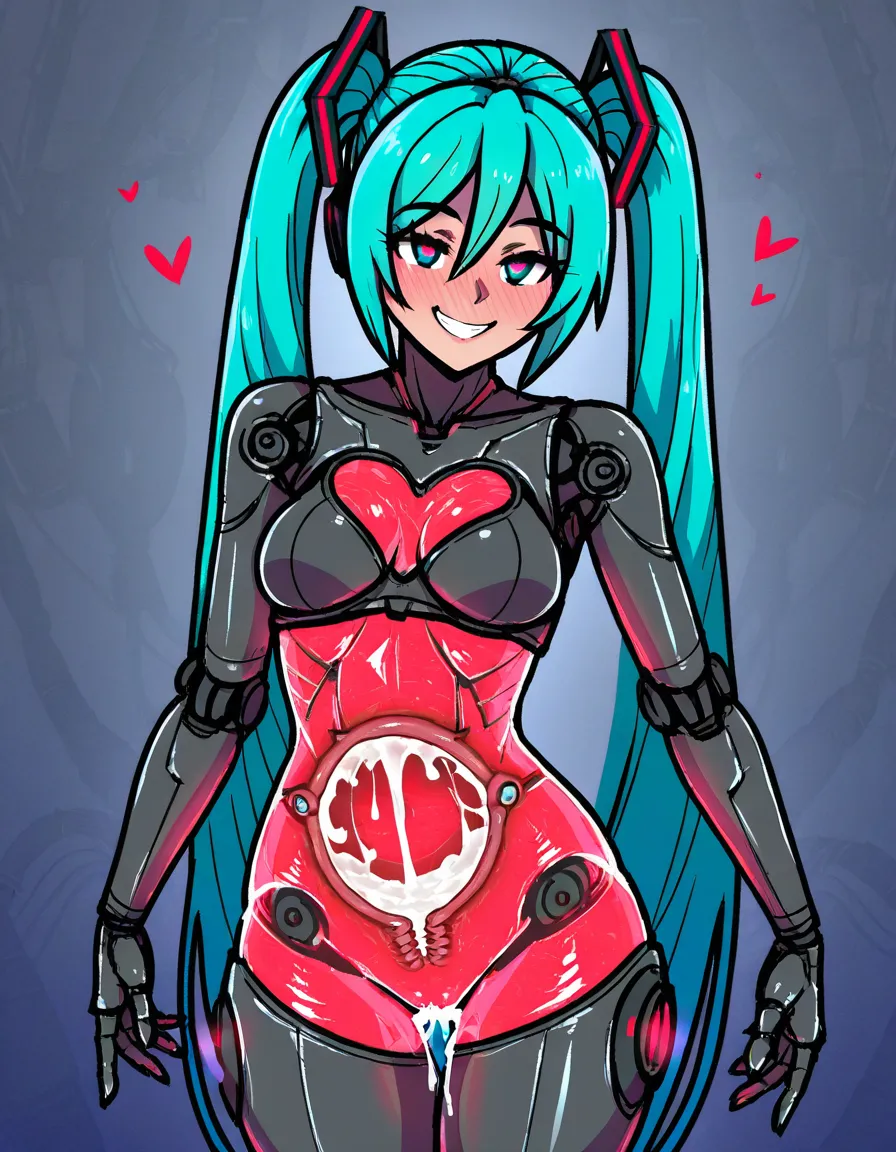 akairiot_artstyle, @hatsune_miku, 1girl, android, robot_girl, see-through_body, glass_body, see-through_midriff, mechanical_pussy, machinery, exposed_internal_machinery, translucent, grin, full-face_blush, heart-shaped_pupils, glowing, cum_in_pussy, ejaculation, missionary, lying, on_bed, on_back, full_body, pov, (anime style:1.3), 2d, anime screencap, cel shading, flat color, @00osamio00