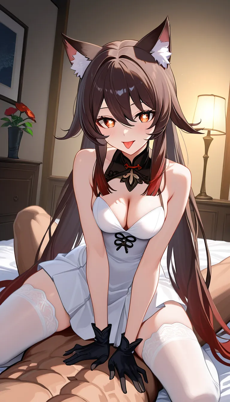 @hu_tao_(genshin_impact) #black_gloves #white_thighhighs #dress #skirt #cat_ears #solo feet #knees_together_feet_apart 
Feet directed to viewer, #tongue_out straddling, hentai_studio_quality