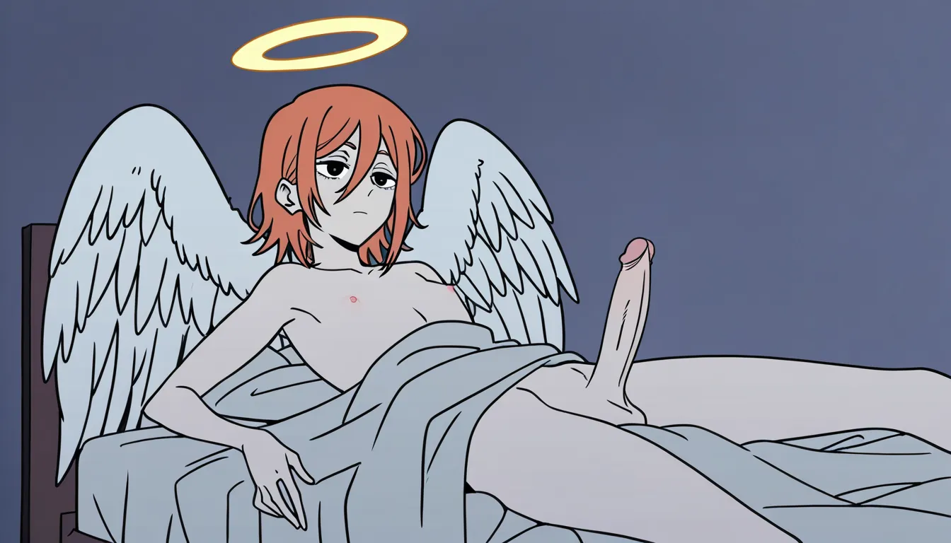(chainsaw_man_style), tatsuki_fujimoto_style, angel_devil_(chainsaw_man),
1femboy with pale skin and penis, long_red_hair, angel_wings, halo, on_bed, otoko_no_ko, gay, anal_penetration,, interracial anal sex with black male, thigh_grab
big_black_cock, smirk_drooling, penis, erection, missionary, from_side . feets_up, gay_sex, yaoi, male_only
angel devil has intensive interracial gay anal sex with black fat male, deep anal, precum
anal grip