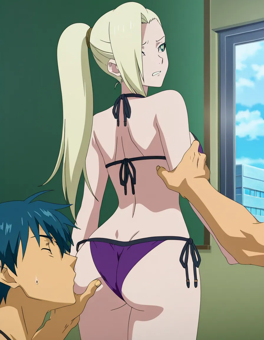 Yamanaka Ino, school, grabbing_another's_ass, side-tie_bikini_bottom, eyes open, ass sniffing, sweatdrop, hentai_studio_quality, (anime style:1.3), 2d, anime screencap, cel shading, flat color, (anime style:1.3), 2d, anime screencap, cel shading, flat color
