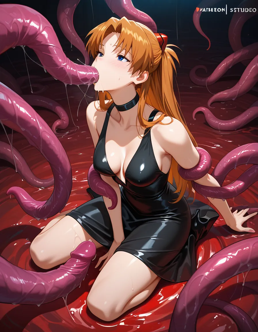 masterpiece, best quality, neon_genesis_evangelion , Rei Ayanami , black_dress , tentacles, fellatio , hentai_studio_quality, hentai_studio_quality
