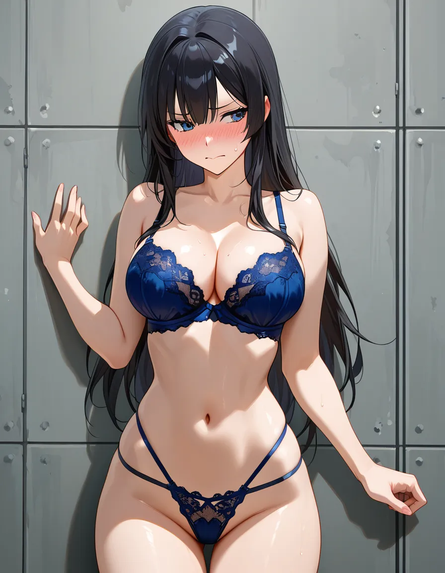 Girl in blue lace thong and bra. Up against a wall. Embarrassed and flushed look. from_side, hentai_studio_quality