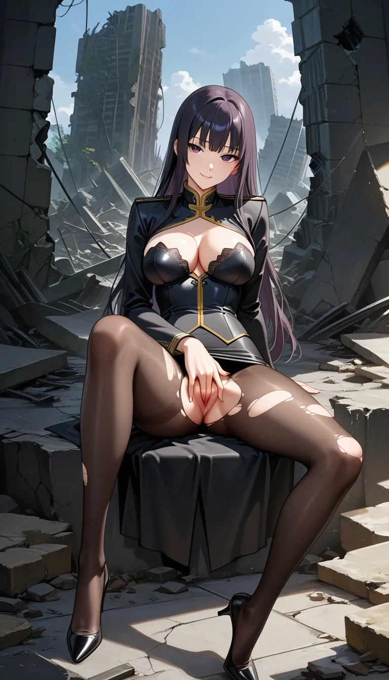 1girl, masturbation, seductive_smile, torn_pantyhose, ruins, hentai_studio_quality