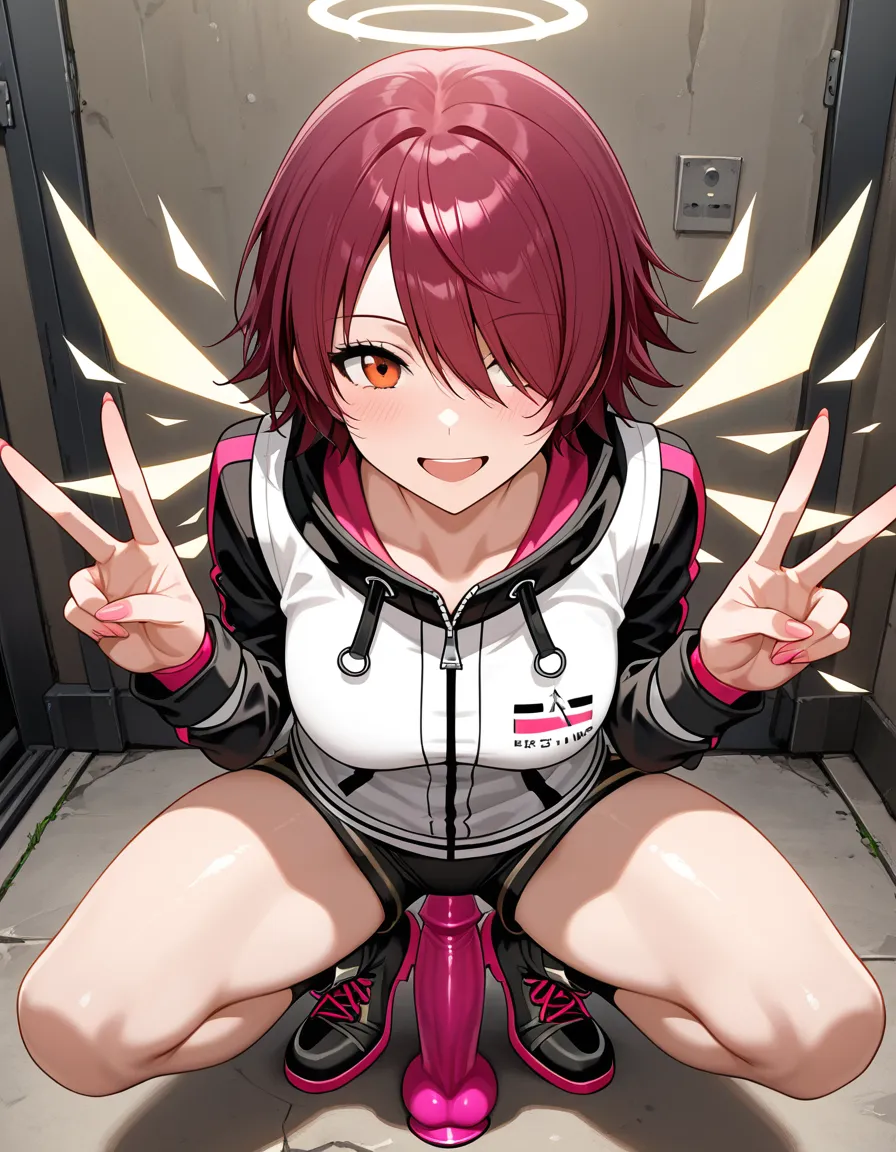 exusiai, squatting, dildo, double_v, hentai_studio_quality