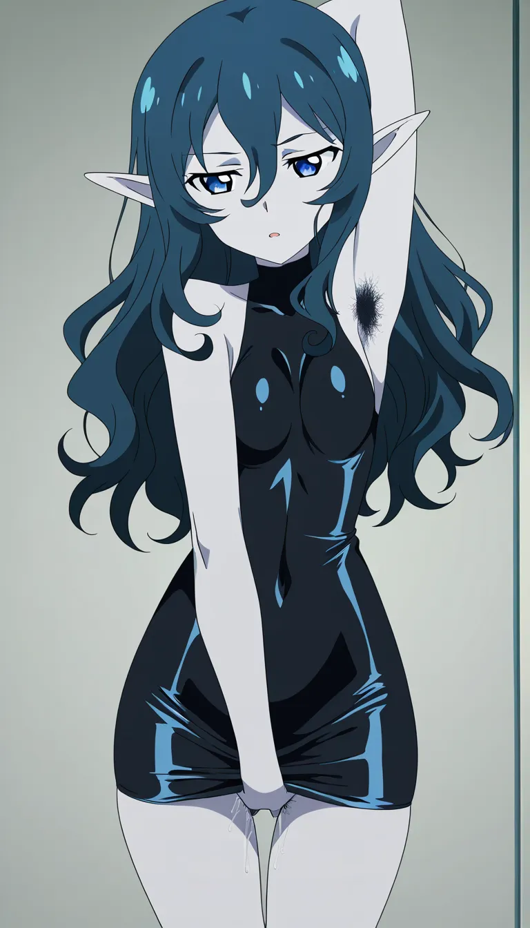 anime elf woman with pale skin, dark black bushy pubes and curly armpit hair, dark blue long wavy hair. she is wearing an extremely skin tight metallic mini dress with no panties, and skeakinly masturbating. she is on a velvet couch in a dark crowded nightclub, hentai_studio_quality