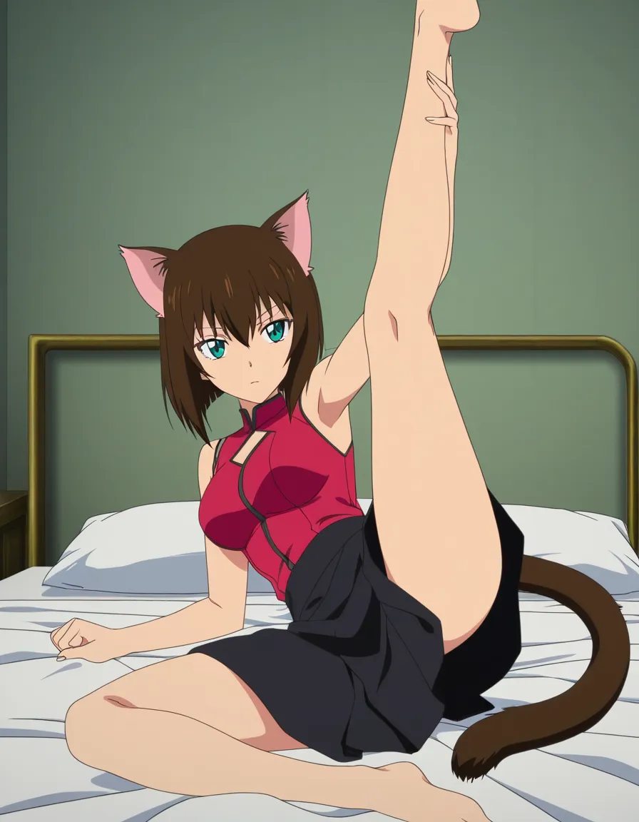 best quality, polished, catgirl, medium breasts, black skirt, leg up, bed, doujin style, (anime style:1.3), 2d, anime screencap, cel shading, flat color