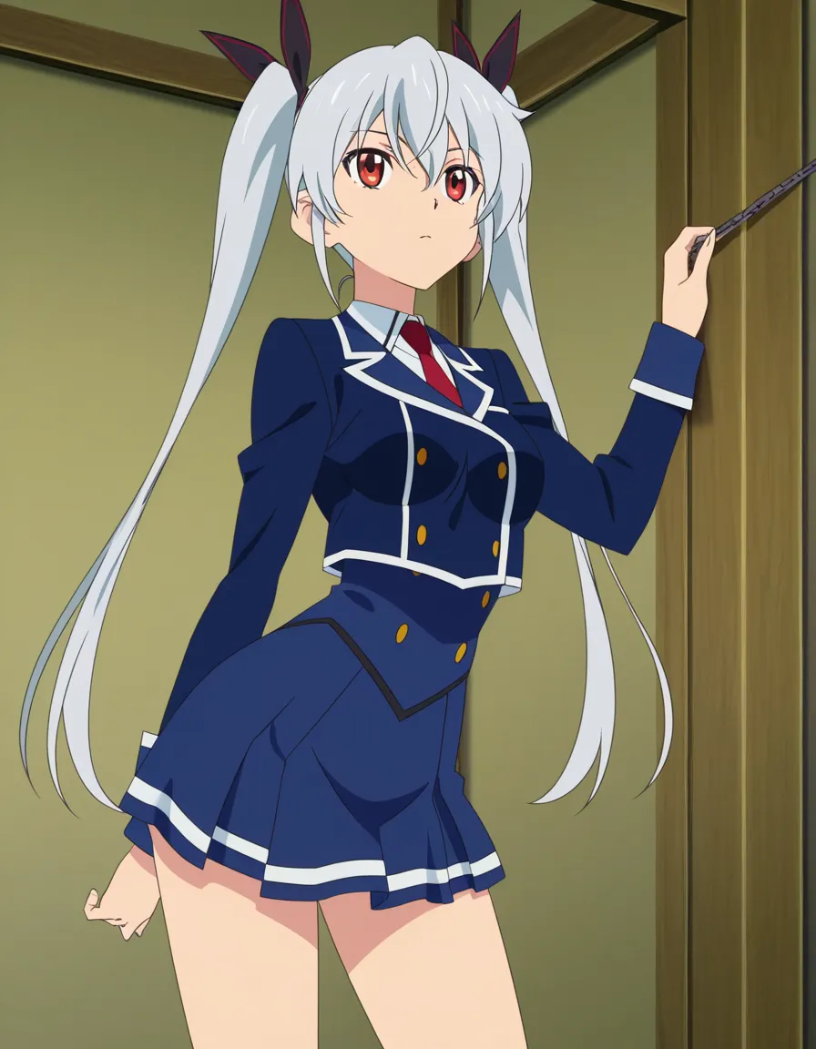 A big-breasted vampire with silver hair tied up in long twintails, wearing a miniskirt., (anime style:1.3), 2d, anime screencap, cel shading, flat color