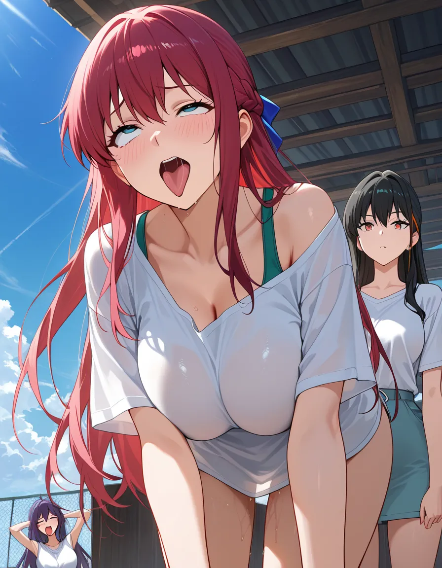 absurdres, highres, 3girls, winking, ahegao, breasts, blue sky, vivid anime colors, hentai_studio_quality