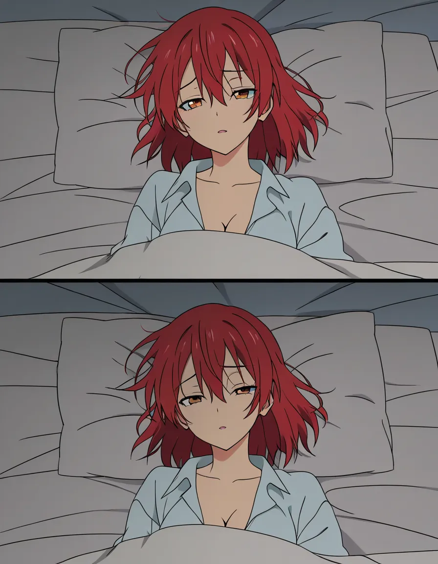 masterpiece, best quality, red_hair, half Asian, touching themselves while laying down in bed. Pleasured expression,, (anime style:1.3), 2d, anime screencap, cel shading, flat color, @00osamio00