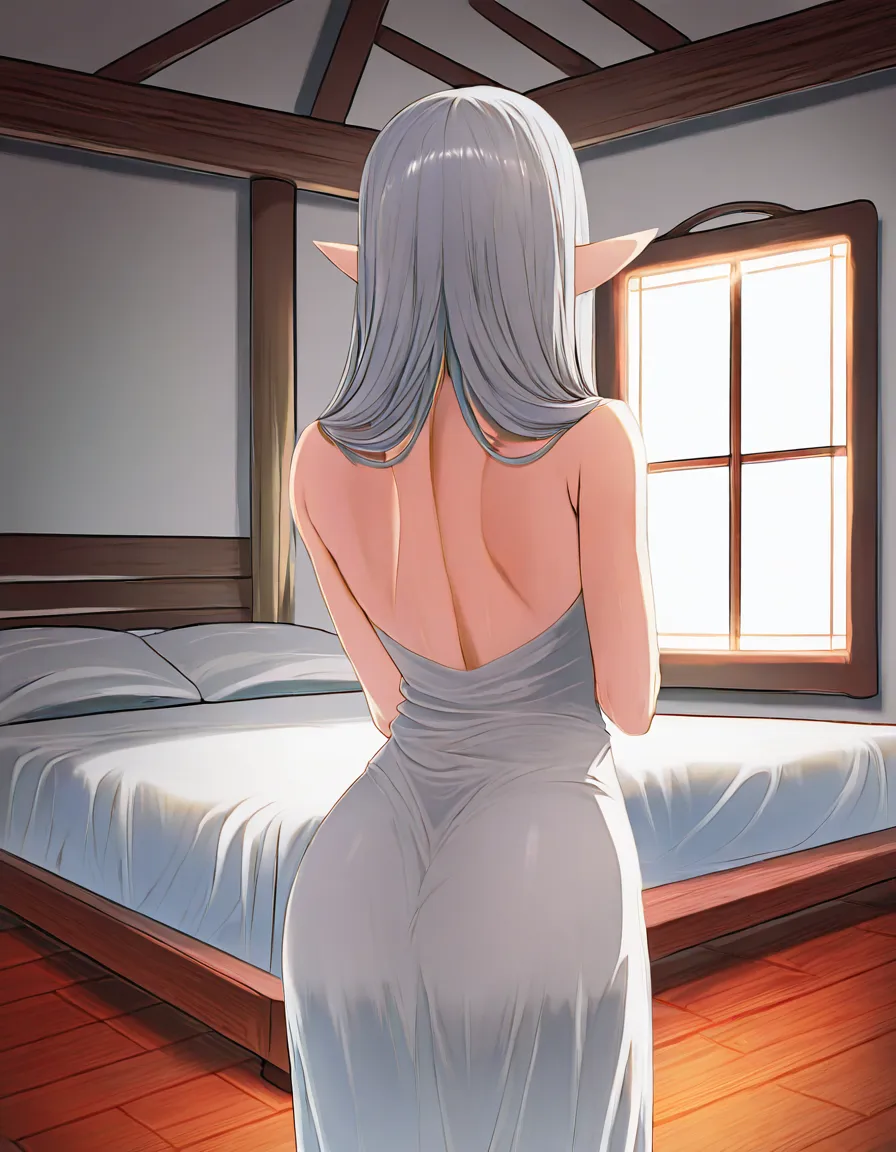 The three women stand side by side in a simple bedroom setting - perhaps a wooden floor, a large bed visible behind them, natural light filtering through a window. They face forward, allowing for clear comparison of their different physiques.
On the left stands Elara, the elf. Her platinum grey hair cascades down her back and over her shoulders. Her long pointed ears frame a soft, doe-like face with warm brown eyes. She stands at average height with a slender yet softly rounded frame. Her skin is pale and spotless, almost luminescent. Her breasts are exceptionally large and full, sitting high on her chest. Her waist curves inward before flaring out to generous hips and a large, rounded ass. Her thighs are thick and powerful. Her pubic area is completely bald and smooth.
In the middle stands Anna, the catgirl. Her jet black hair falls to her shoulders. Her striking green cat-like eyes with vertical pupils look forward. Her cat ears are perked, alert but relaxed. She has a slim, athletic build with medium-sized breasts that fit her frame. Her ass is small but well-shaped. Her skin is white and smooth, with no visible fur except for her black-tipped tail which hangs down behind her, the tip twitching slightly. Her pubic area is bald and petite.
On the right stands Lilia, the human. She has short blonde hair that frames her face in soft waves and bright blue eyes. Her skin is pale and smooth. She possesses a slim-thick build with narrow hips but surprisingly large, perfectly pert breasts and ass that seem almost disproportionate to her otherwise slim frame. Her thighs are fit and toned. Above her pussy is a small, neatly groomed patch of blonde hair.
All three are facing forward, standing naturally but positioned so their different body types can be clearly seen and compared. The lighting is soft and natural, allowing for clear visibility of all details., hentai_studio_quality