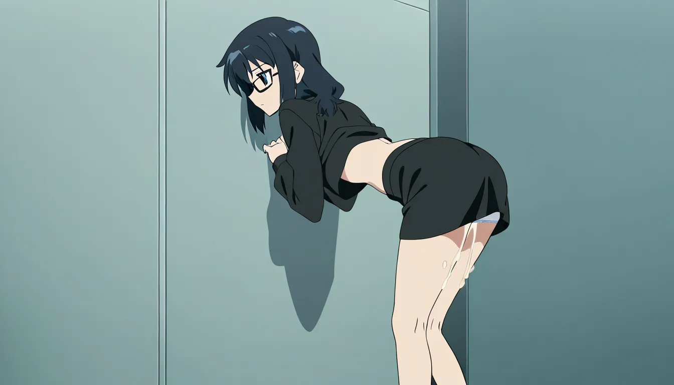 A slim thick girl wearing black glasses with a black long sleeve crop lifted up with a black miniskirt with white underwear with cum stains pulled down to her legs as she's bent over facing a wall in a bathroom stall looking behind over her shoulder as she gets fucked deep and hard as she cums on the dick, show the view from behind her ass as she cums