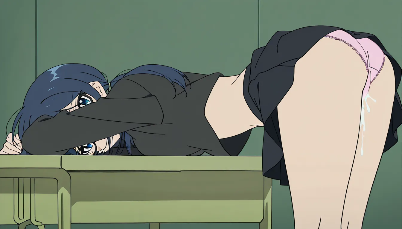 A slim thick girl with black glasses wearing a black long sleeve crop top with a black miniskirt with her pink underwear pulled down to her legs as she's bent over on a desk looking behind over her shoulder as she gets filled with cum she blushes flicking her tongue out while being penetrated deep and hard by a dick