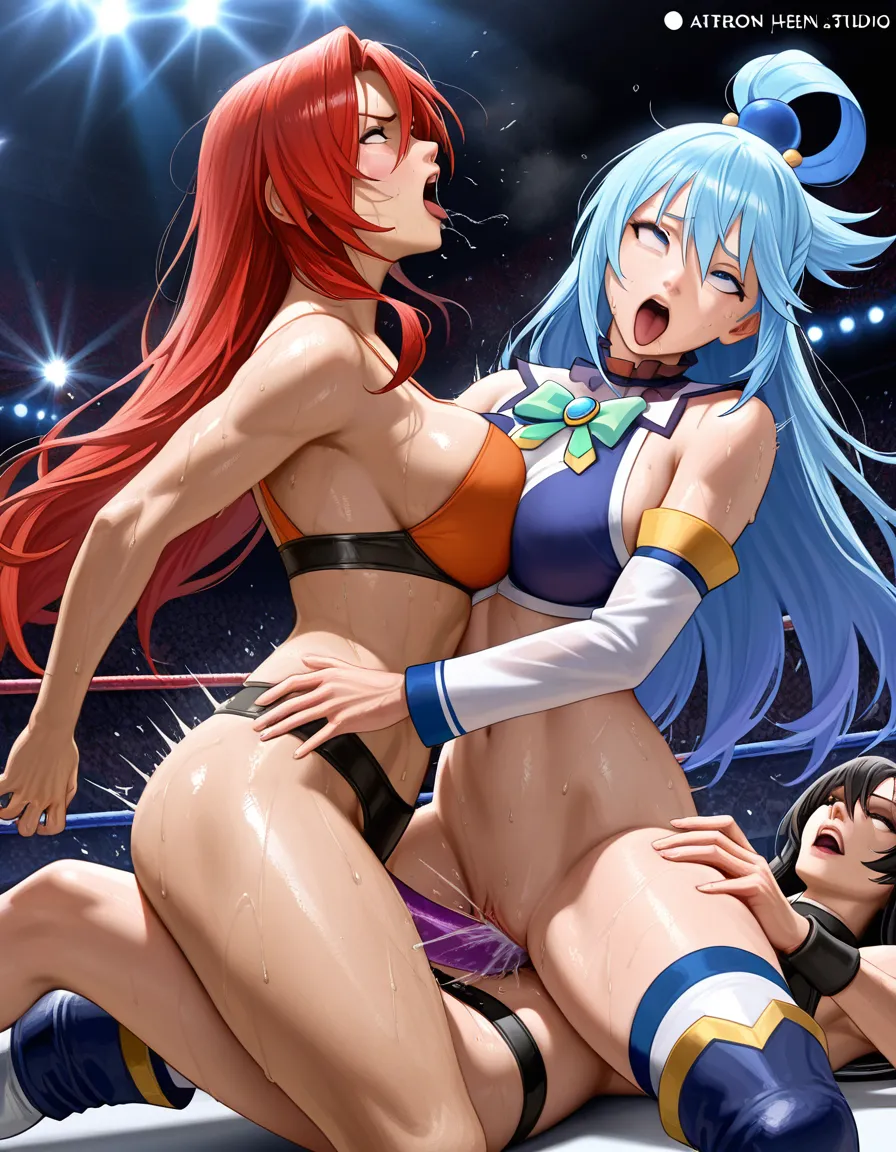 @aqua_(konosuba) , Sylvia_(konosuba) orgasm , wrestling, strapon , vaginal_object_insertion , catfight , squirting , ahegao , defeated, sweat , #realistic missionary, hentai_studio_quality, hentai_studio_quality