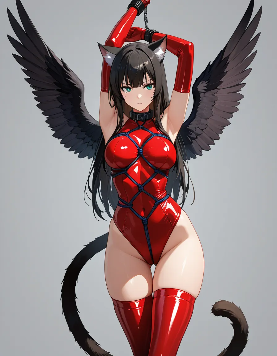 best quality, polished, catgirl, wings, bondage, soft cel shading, hentai_studio_quality