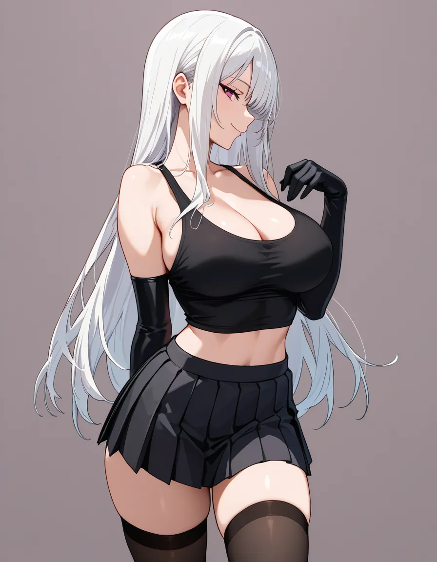 masterpiece, profile , white hair, standing, pretty body, full_body, long_hair, doujin style, gothic girl, tank top , crop top, pleated skirt, skirt black, thighhighs , large_breasts , long hair, smile,  sleeveless top, cute half-closed_eyes, seductive_smile, long gloves,solo girl, front view, hentai_studio_quality, book in hands, from_below, arms in hair,, hentai_studio_quality