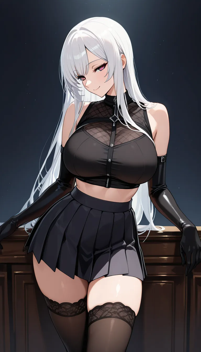 masterpiece, profile , white hair, standing, pretty body, full_body, long_hair, doujin style, gothic girl, tank top , crop top, pleated skirt, skirt black, thighhighs , large_breasts , long hair, smile, sleeveless top, cute half-closed_eyes, seductive_smile, long gloves,solo girl, front view, chocker, hentai_studio_quality, from_below, skirt_lift , hentai_studio_quality, hentai_studio_quality