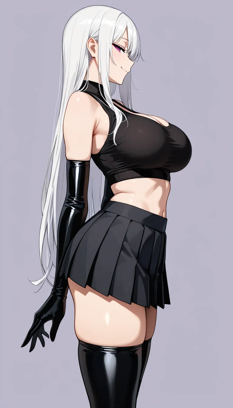 masterpiece, profile , white hair, pretty body, full_body, long_hair, doujin style, gothic girl, tank top , crop top black, pleated skirt, skirt black, thighhighs , large_breasts , long hair, smile, sleeveless top, cute half-closed_eyes, seductive_smile, long gloves,solo girl, front view, chocker, hentai_studio_quality, kneeling, sitting, sitting in ground, from_below, skirt_lift , hentai_studio_quality, hentai_studio_quality, wardrobe, bedroom background, hentai_studio_quality