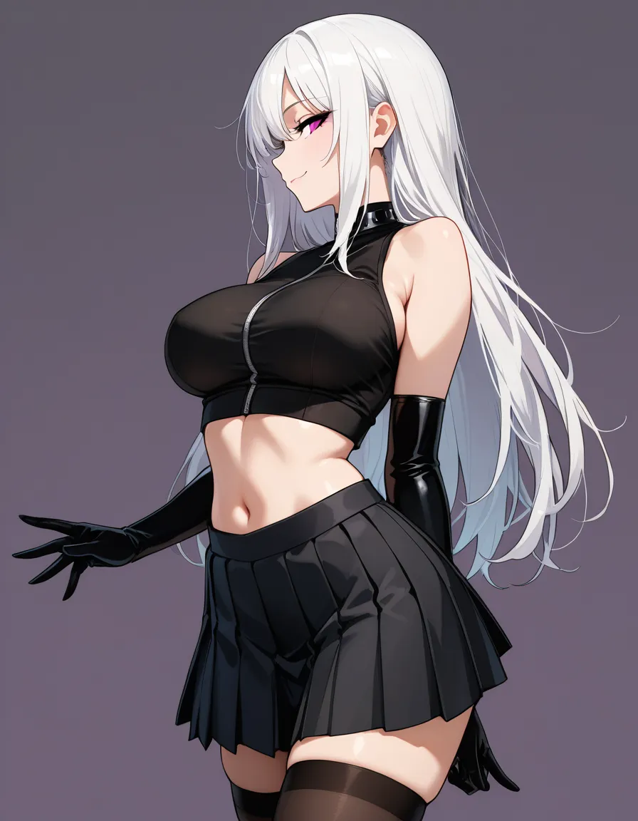 masterpiece, profile , white hair, pretty body, full_body, long_hair, doujin style, gothic girl, tank top , crop top black, pleated skirt, skirt black, thighhighs , large_breasts , long hair, smile, sleeveless top, cute half-closed_eyes, seductive_smile, long gloves,solo girl, front view, chocker, hentai_studio_quality, kneeling, sitting, sitting in ground, ritual, witch girl, from_below, skirt_lift , hentai_studio_quality, hentai_studio_quality, wardrobe, bedroom background, hentai_studio_quality