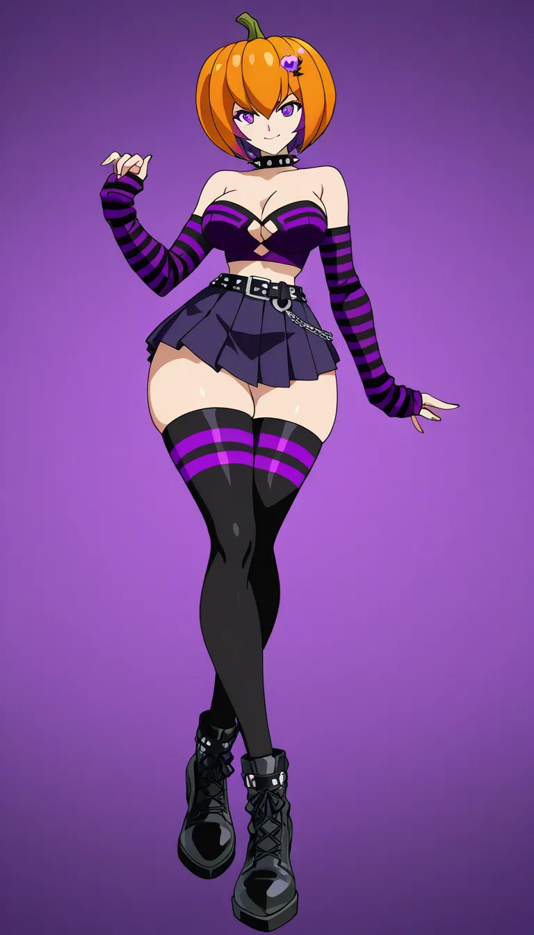 Purple-haired anime girl, short spiky bob, pink pumpkin hairpin, purple eyes, black spiked collar, purple heart-cutout tube top, purple pleated mini skirt with belt, black-and-white striped arm warmers and thigh highs, spiked black shoes, curvy body, confident pose, anime style, beauty illumination, fuck, open legs, smile, embarrassed, hentai_studio_quality