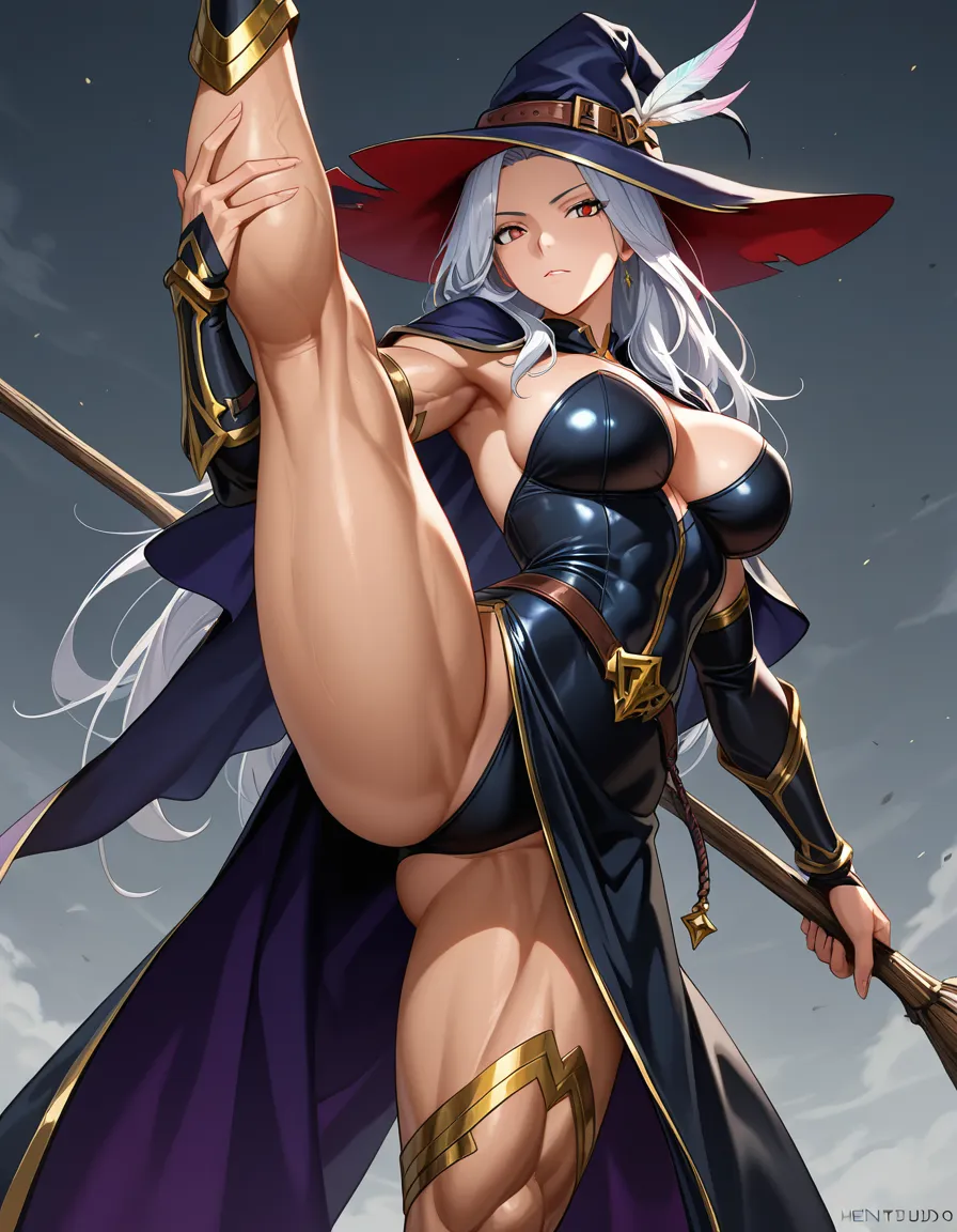 masterpiece, clean art, witch, leg up, muscular male, anime style, hentai_studio_quality