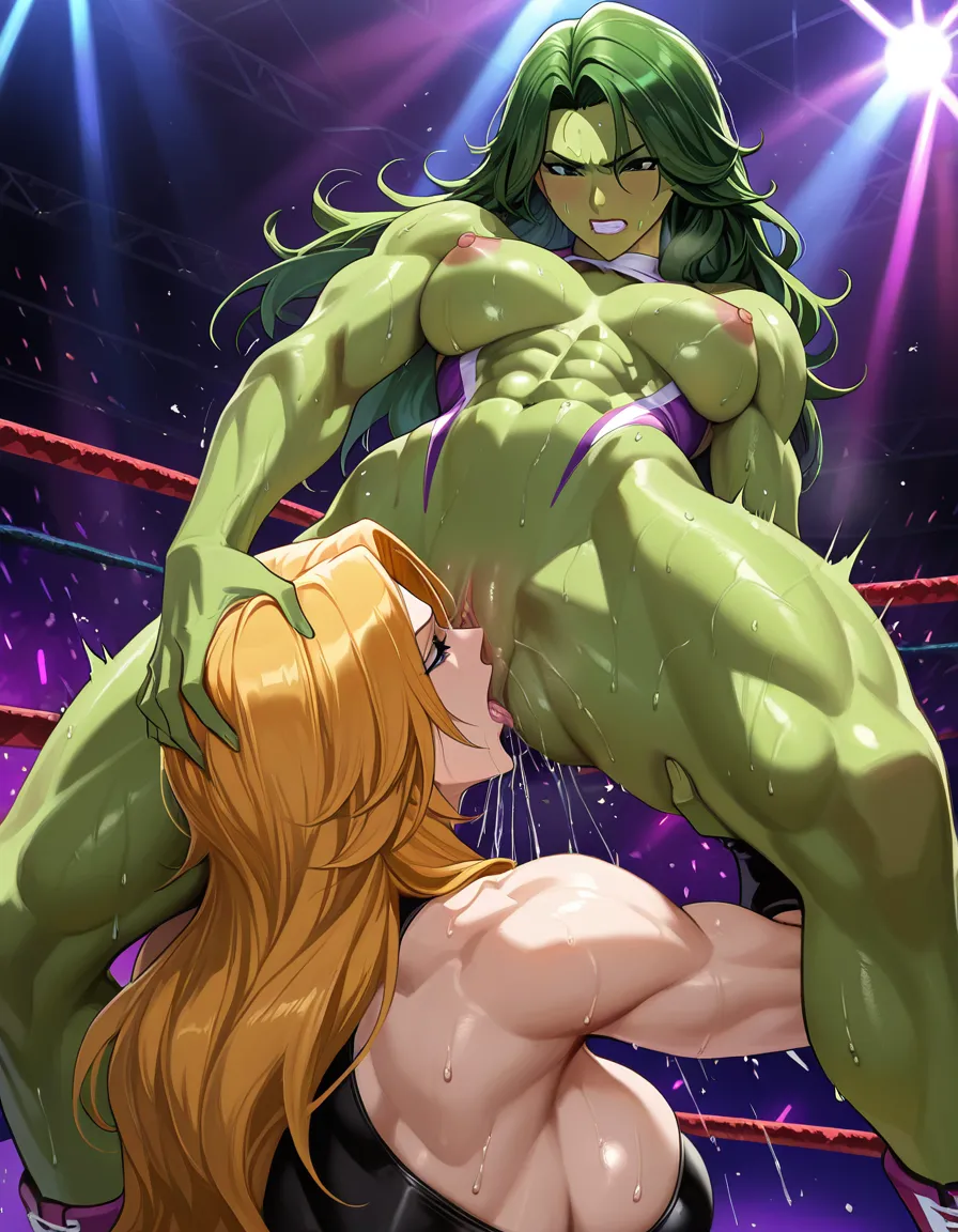 2girls , Best_quality, ultra_detailed,she-hulk, @matsumoto_rangiku , yuri sex ,wrestling_ring wrestling defeated, pussy_juice squirting orgasm , sweat oral cunnilingus, head_grab, hentai_studio_quality