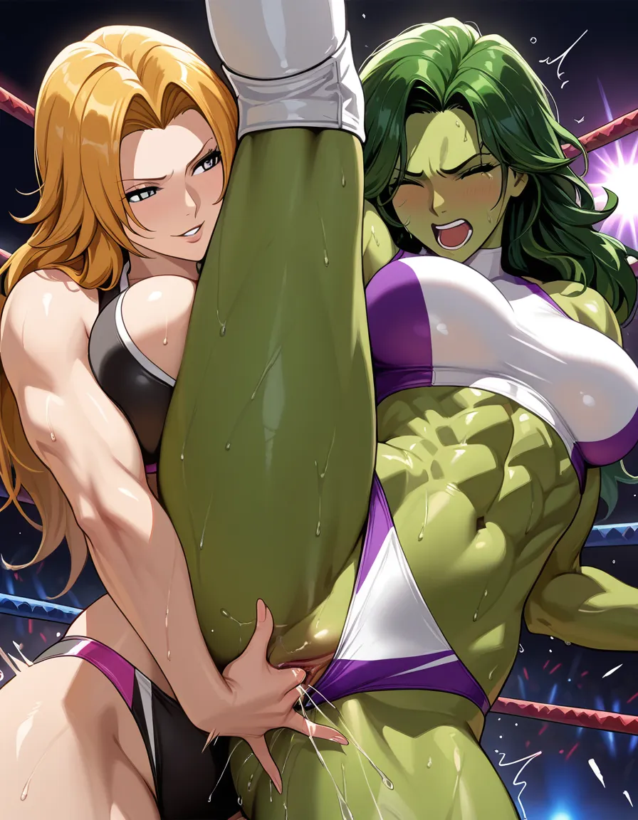 2girls , Best_quality, ultra_detailed,she-hulk, @matsumoto_rangiku , yuri sex ,wrestling_ring wrestling defeated, pussy_juice squirting orgasm , sweat fingering wince, hentai_studio_quality