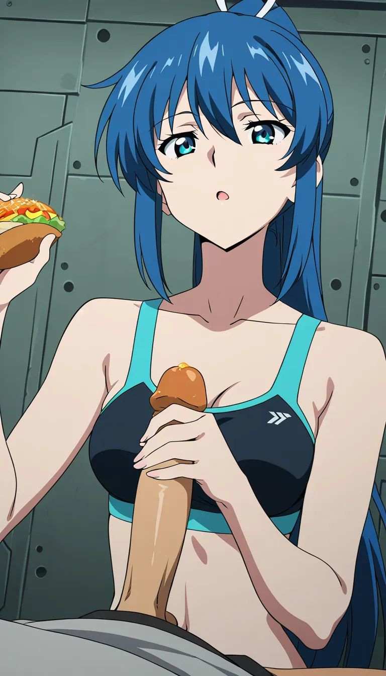 8k, sharp focus, detailed skin, fitness model, blue hair, food, handjob, cinematic realism