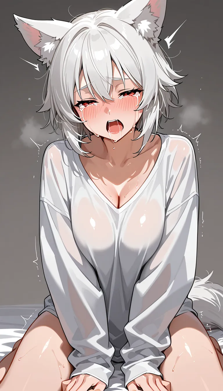 @inubashiri_momiji open_mouth naked_shirt moaning crying