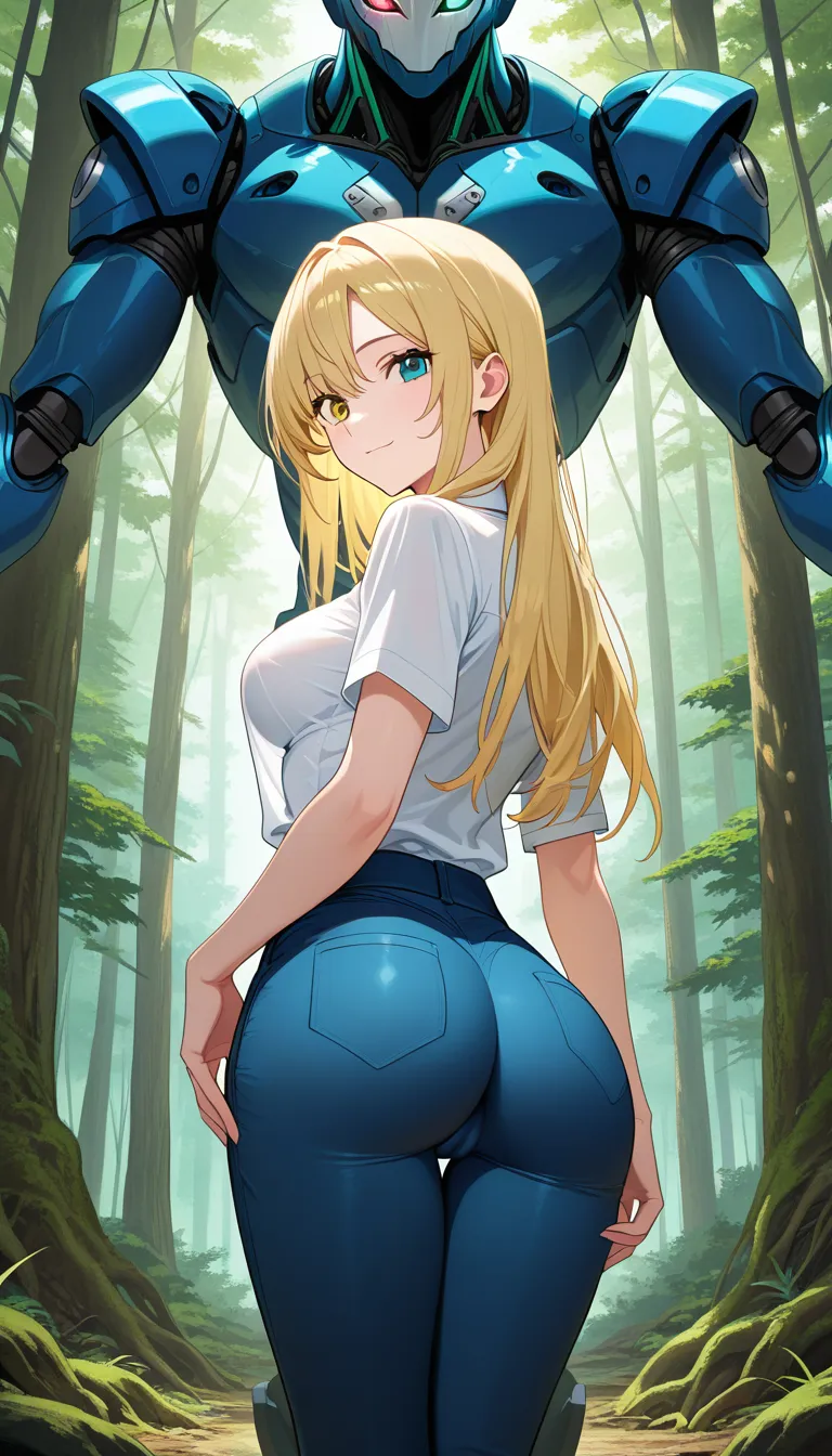 3.  single frame, professional art, shirt visible, Masterpiece, natural perky medium breasts, , look at viewer,1 girl, forest background,  Anime Female With Long blonde hair, heterochromia, blue and green eyes, from behind, stand, legs together, blue pants, blue unbuttoned shirt, cameltoe, soft smile ... single continuous shot, full widescreen view, one single image, uninterrupted scene, no borders, no panels, wide angle cinematic photograph, single perspective, edge-to-edge frame ... modern digital drawing style, clean monoline ink linework, flat cel shading with minimal soft gradients, vibrant color palette with high-contrast accent tones, minimalist geometric background elements, crisp vector-like finish, contemporary graphic illustration,,,,, hentai_studio_quality, hentai_studio_quality, hentai_studio_quality