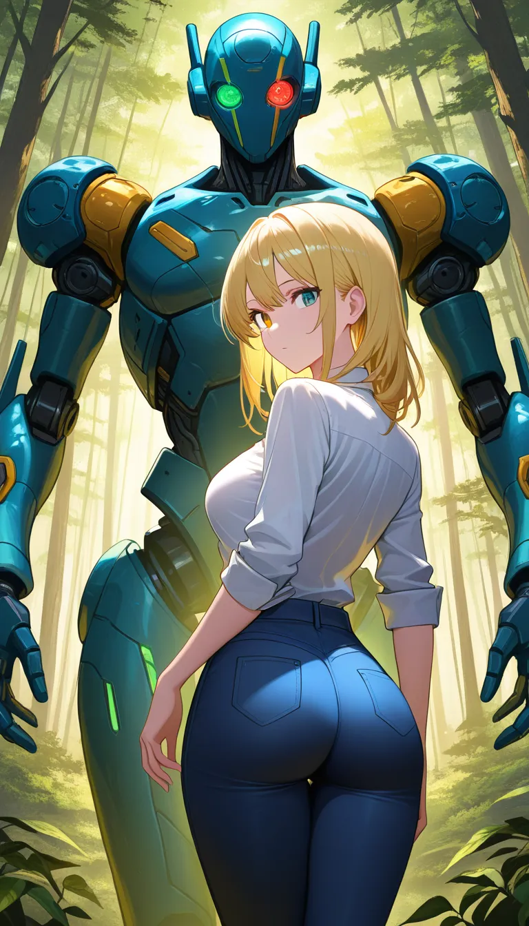 3.  no robot, no decent art, single frame, professional art, shirt visible, Masterpiece, natural perky medium  ass,  natural perky medium breasts, , look at viewer,1 girl, forest background,  Anime Female With Long blonde hair, heterochromia, blue and green eyes, from behind, stand, legs together, blue pants, blue unbuttoned shirt, cameltoe, soft smile ... single continuous shot, full widescreen view, one single image, uninterrupted scene, no borders, no panels, wide angle cinematic photograph, single perspective, edge-to-edge frame ... modern digital drawing style, clean monoline ink linework, flat cel shading with minimal soft gradients, vibrant color palette with high-contrast accent tones, minimalist geometric background elements, crisp vector-like finish, contemporary graphic illustration,,,,, hentai_studio_quality, hentai_studio_quality, hentai_studio_quality, hentai_studio_quality, hentai_studio_quality, hentai_studio_quality