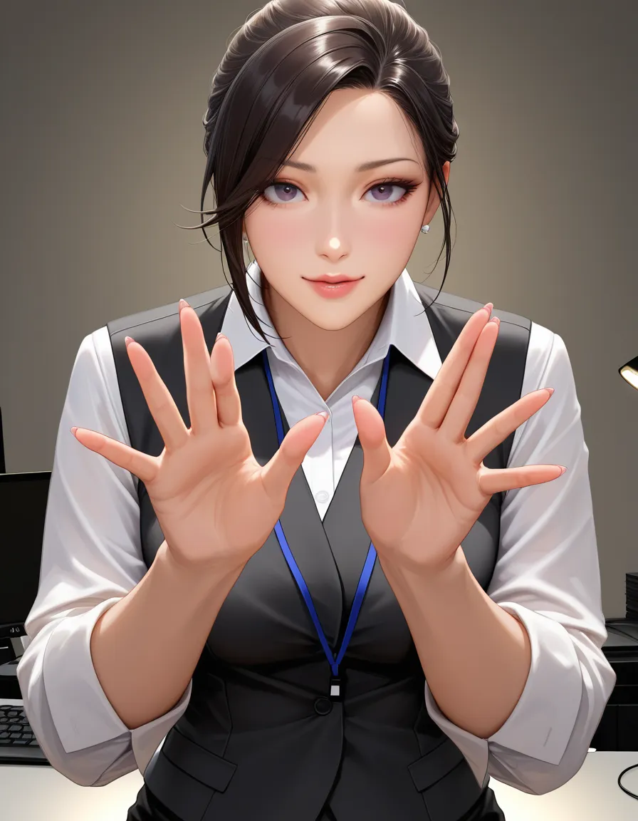 best quality, hyperrealistic, office lady, hands up, official alternate costume, presenting, simple background, three-quarter view, studio lighting, studio photo, hentai_studio_quality